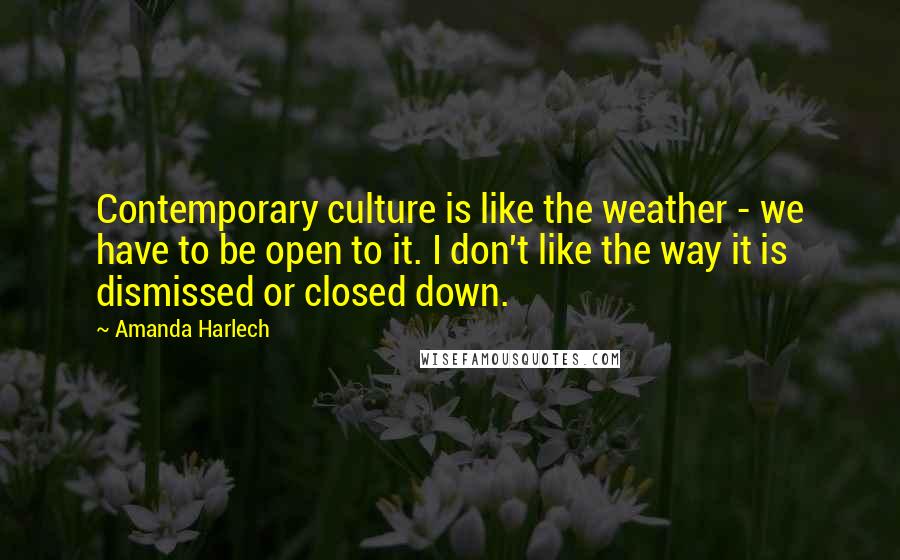 Amanda Harlech quotes: Contemporary culture is like the weather - we have to be open to it. I don't like the way it is dismissed or closed down.