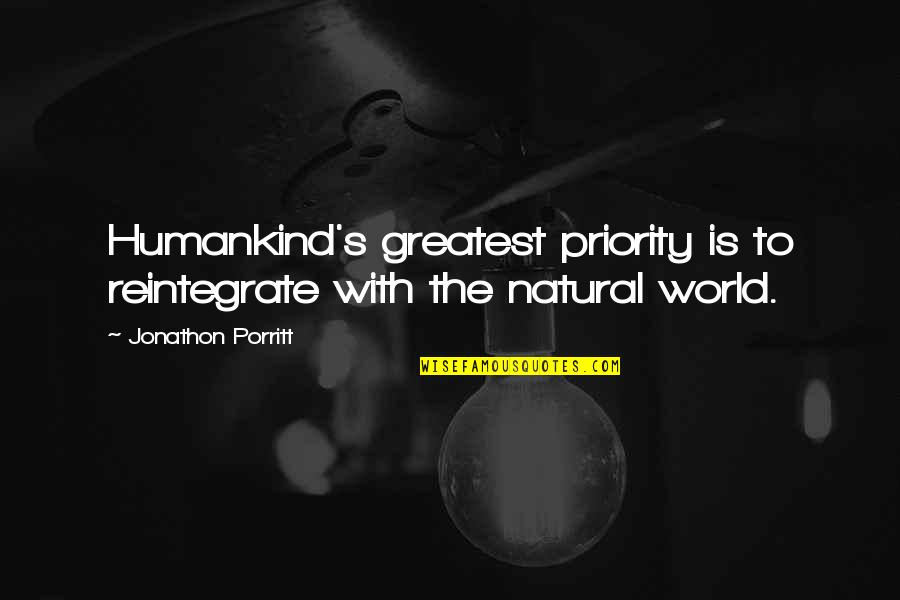 Amanda Zuckerman Quotes By Jonathon Porritt: Humankind's greatest priority is to reintegrate with the