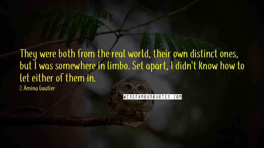 Amina Gautier quotes: They were both from the real world, their own distinct ones, but I was somewhere in limbo. Set apart, I didn't know how to let either of them in. Amina Gautier quotes: They were both from the real world, their own distinct ones, but I was somewhere in limbo. Set apart, I didn't know how to let either of them in.
