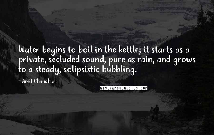 Amit Chaudhuri quotes: Water begins to boil in the kettle; it starts as a private, secluded sound, pure as rain, and grows to a steady, solipsistic bubbling.