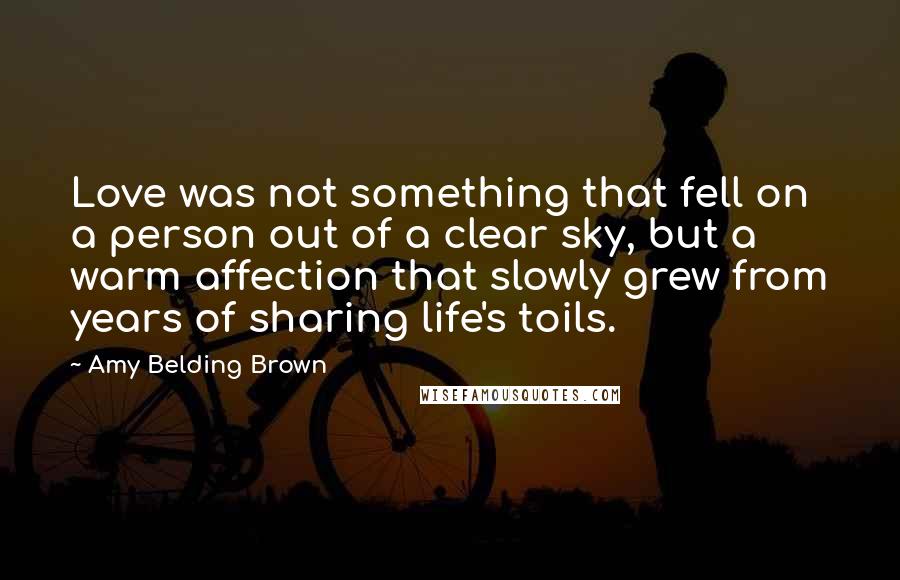 Amy Belding Brown quotes: Love was not something that fell on a person out of a clear sky, but a warm affection that slowly grew from years of sharing life's toils.