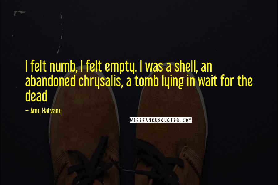 Amy Hatvany quotes: I felt numb, I felt empty. I was a shell, an abandoned chrysalis, a tomb lying in wait for the dead