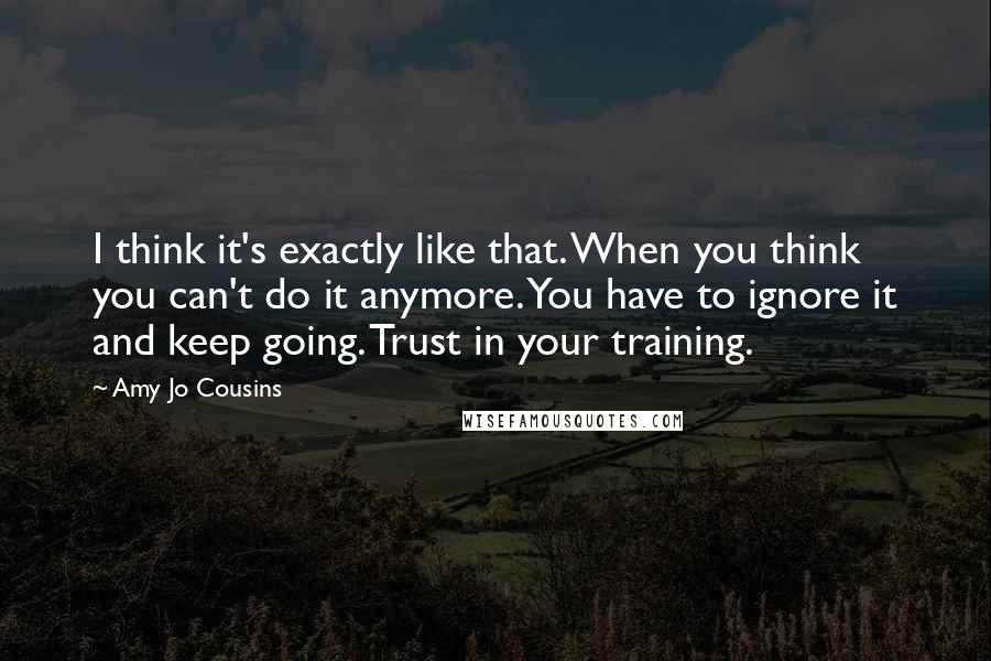 Amy Jo Cousins quotes: I think it's exactly like that. When you think you can't do it anymore. You have to ignore it and keep going. Trust in your training.