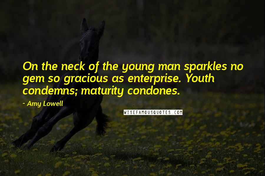 Amy Lowell quotes: On the neck of the young man sparkles no gem so gracious as enterprise. Youth condemns; maturity condones.