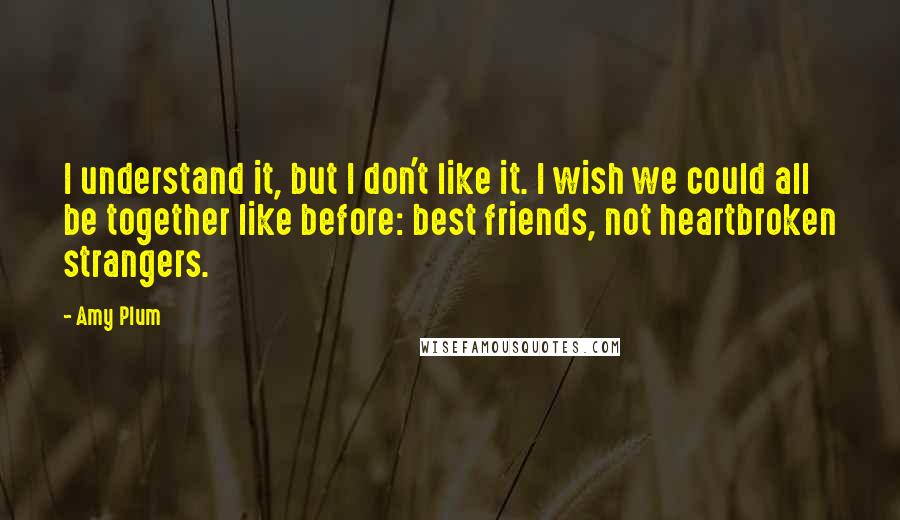 Amy Plum quotes: I understand it, but I don't like it. I wish we could all be together like before: best friends, not heartbroken strangers.