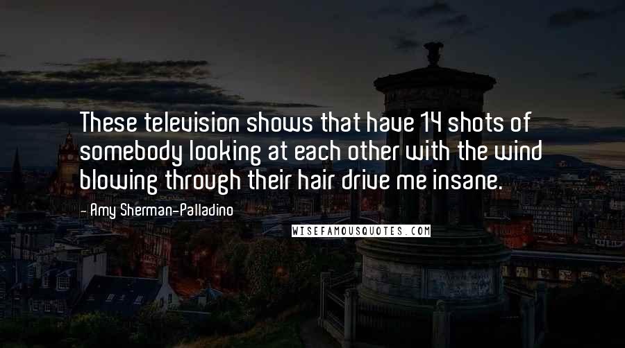 Amy Sherman-Palladino quotes: These television shows that have 14 shots of somebody looking at each other with the wind blowing through their hair drive me insane. Amy Sherman-Palladino quotes: These television shows that have 14 shots of somebody looking at each other with the wind blowing through their hair drive me insane.