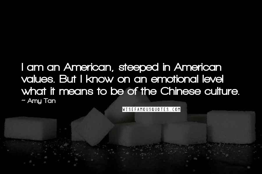 Amy Tan quotes: I am an American, steeped in American values. But I know on an emotional level what it means to be of the Chinese culture.