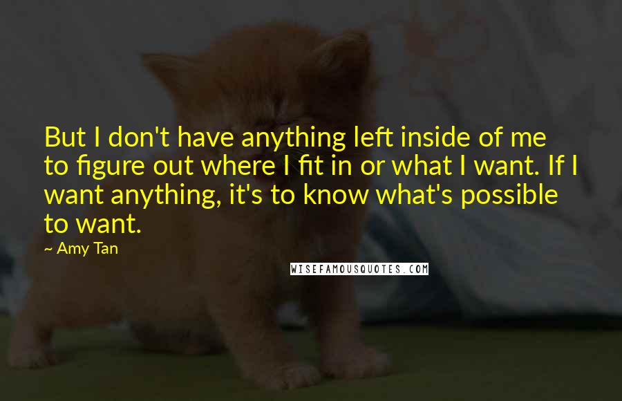 Amy Tan quotes: But I don't have anything left inside of me to figure out where I fit in or what I want. If I want anything, it's to know what's possible to