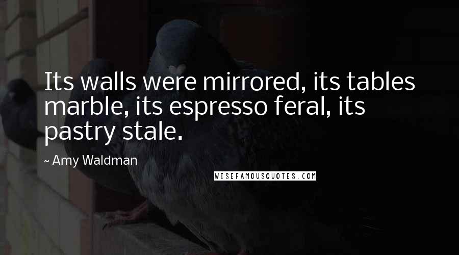 Amy Waldman quotes: Its walls were mirrored, its tables marble, its espresso feral, its pastry stale.