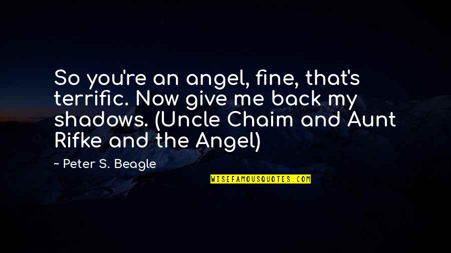 An Aunt Quotes By Peter S. Beagle: So you're an angel, fine, that's terrific. Now