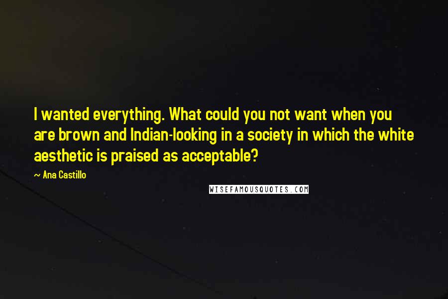 Ana Castillo quotes: I wanted everything. What could you not want when you are brown and Indian-looking in a society in which the white aesthetic is praised as acceptable?
