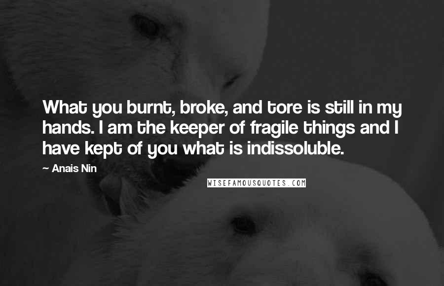 Anais Nin quotes: What you burnt, broke, and tore is still in my hands. I am the keeper of fragile things and I have kept of you what is indissoluble.