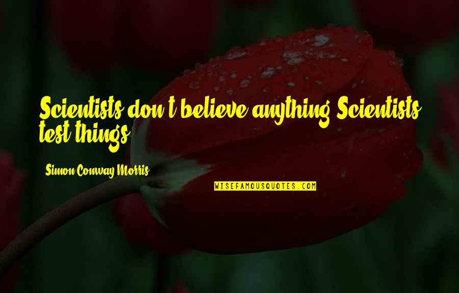Anasia Obioha Quotes By Simon Conway Morris: Scientists don't believe anything.Scientists test things. Anasia Obioha Quotes By Simon Conway Morris: Scientists don't believe anything.Scientists test things.