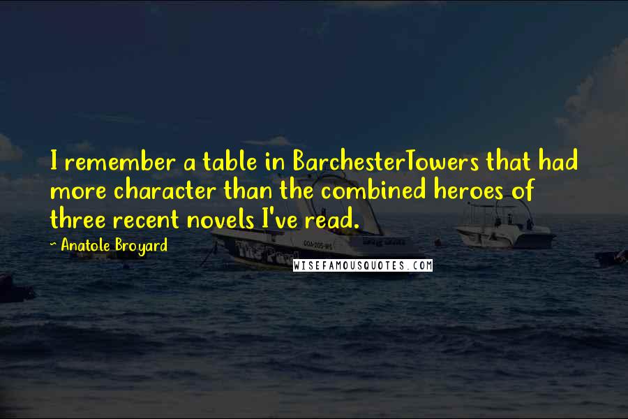 Anatole Broyard quotes: I remember a table in BarchesterTowers that had more character than the combined heroes of three recent novels I've read. Anatole Broyard quotes: I remember a table in BarchesterTowers that had more character than the combined heroes of three recent novels I've read.