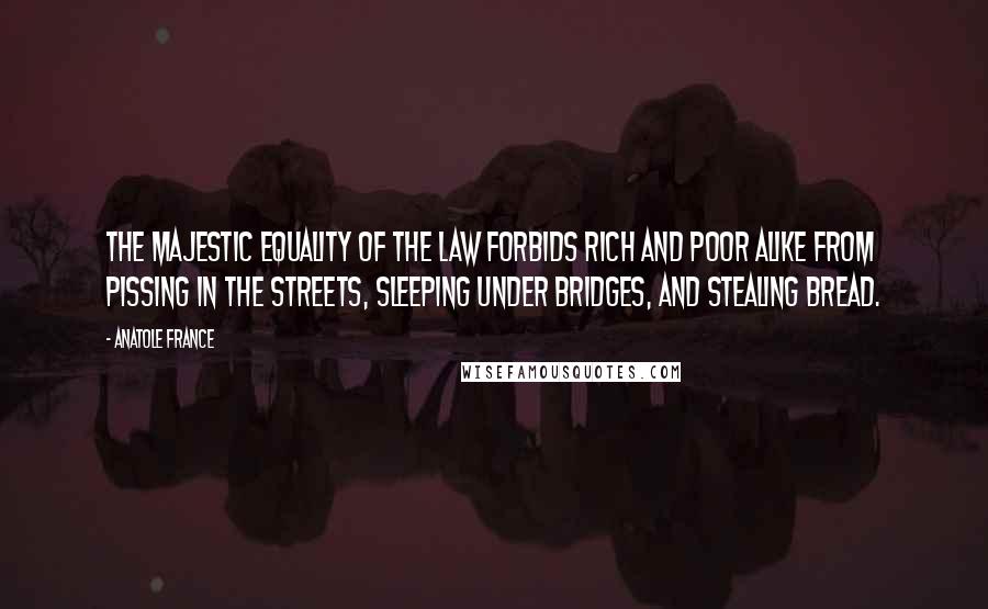 Anatole France quotes: The majestic equality of the law forbids rich and poor alike from pissing in the streets, sleeping under bridges, and stealing bread.