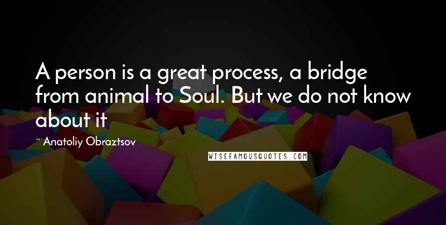 Anatoliy Obraztsov quotes: A person is a great process, a bridge from animal to Soul. But we do not know about it