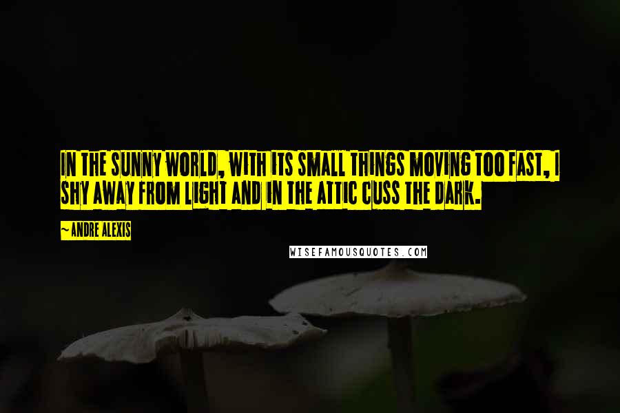 Andre Alexis quotes: In the sunny world, with its small things moving too fast, I shy away from light and in the attic cuss the dark.