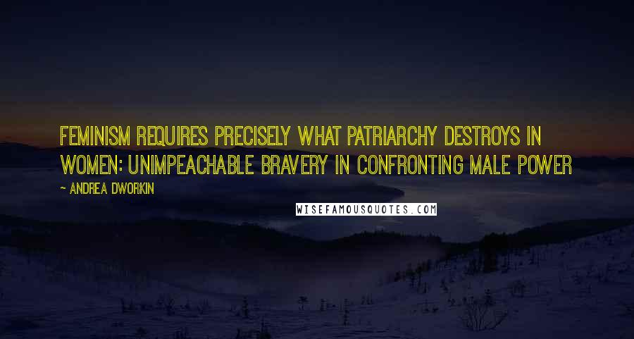 Andrea Dworkin quotes: Feminism requires precisely what patriarchy destroys in women: unimpeachable bravery in confronting male power