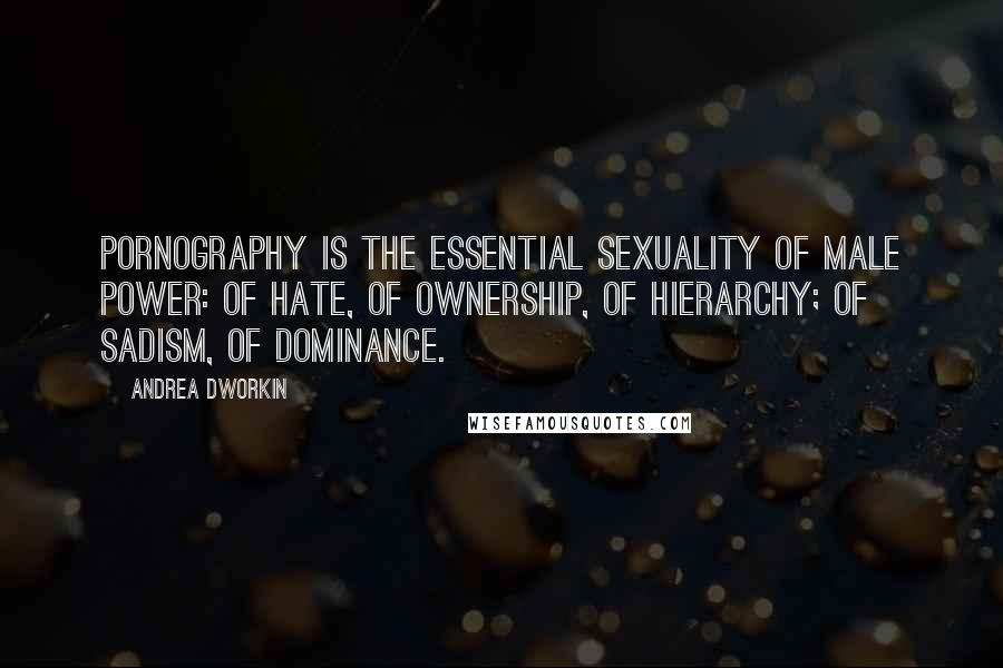 Andrea Dworkin quotes: Pornography is the essential sexuality of male power: of hate, of ownership, of hierarchy; of sadism, of dominance.