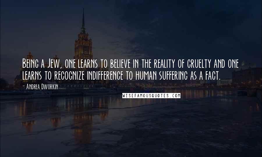 Andrea Dworkin quotes: Being a Jew, one learns to believe in the reality of cruelty and one learns to recognize indifference to human suffering as a fact. Andrea Dworkin quotes: Being a Jew, one learns to believe in the reality of cruelty and one learns to recognize indifference to human suffering as a fact.