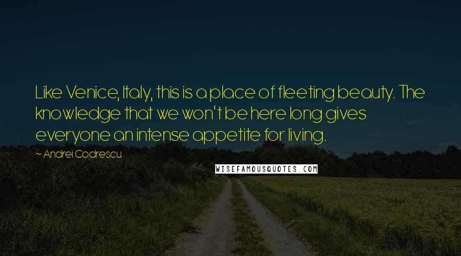 Andrei Codrescu quotes: Like Venice, Italy, this is a place of fleeting beauty. The knowledge that we won't be here long gives everyone an intense appetite for living.