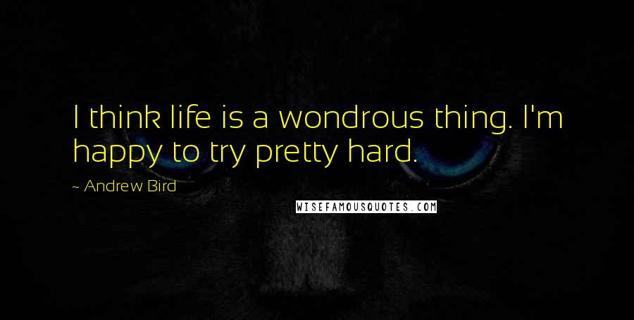 Andrew Bird quotes: I think life is a wondrous thing. I'm happy to try pretty hard.