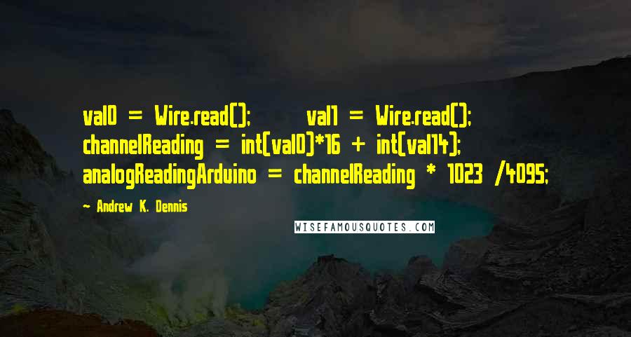 Andrew K. Dennis quotes: val0 = Wire.read(); val1 = Wire.read(); channelReading = int(val0)*16 + int(val14); analogReadingArduino = channelReading * 1023 /4095; Andrew K. Dennis quotes: val0 = Wire.read(); val1 = Wire.read(); channelReading = int(val0)*16 + int(val14); analogReadingArduino = channelReading * 1023 /4095;