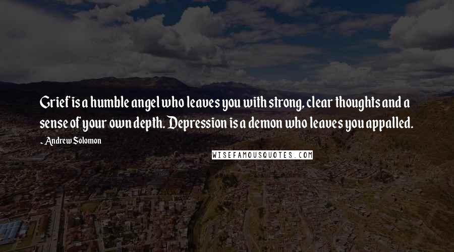 Andrew Solomon quotes: Grief is a humble angel who leaves you with strong, clear thoughts and a sense of your own depth. Depression is a demon who leaves you appalled.