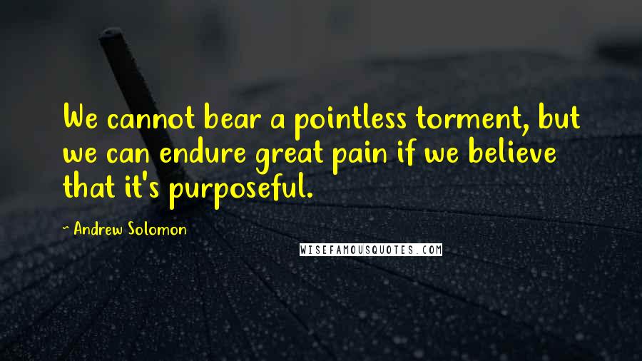 Andrew Solomon quotes: We cannot bear a pointless torment, but we can endure great pain if we believe that it's purposeful.