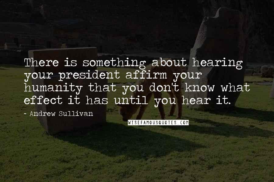 Andrew Sullivan quotes: There is something about hearing your president affirm your humanity that you don't know what effect it has until you hear it.