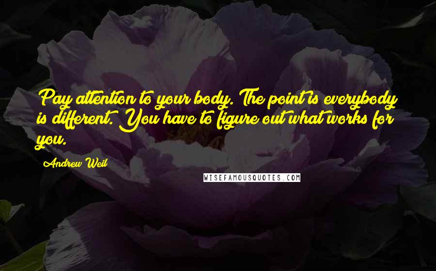 Andrew Weil quotes: Pay attention to your body. The point is everybody is different. You have to figure out what works for you.