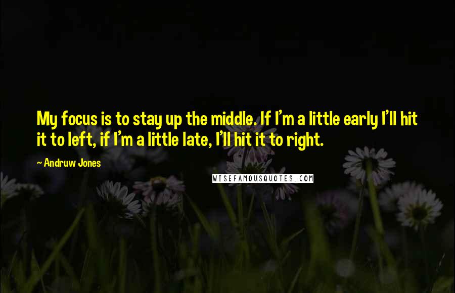 Andruw Jones quotes: My focus is to stay up the middle. If I'm a little early I'll hit it to left, if I'm a little late, I'll hit it to right.