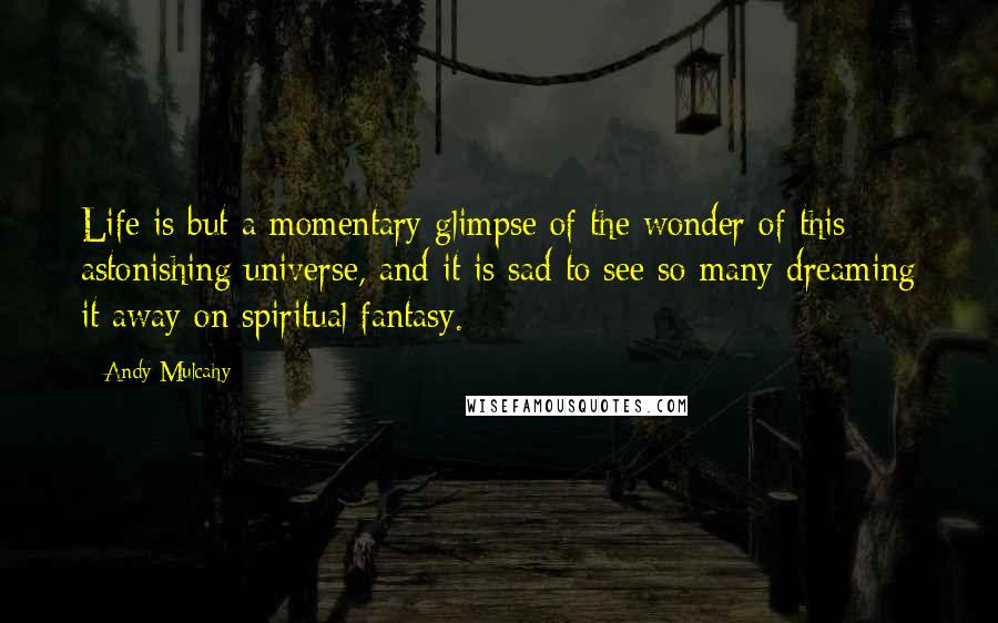 Andy Mulcahy quotes: Life is but a momentary glimpse of the wonder of this astonishing universe, and it is sad to see so many dreaming it away on spiritual fantasy.