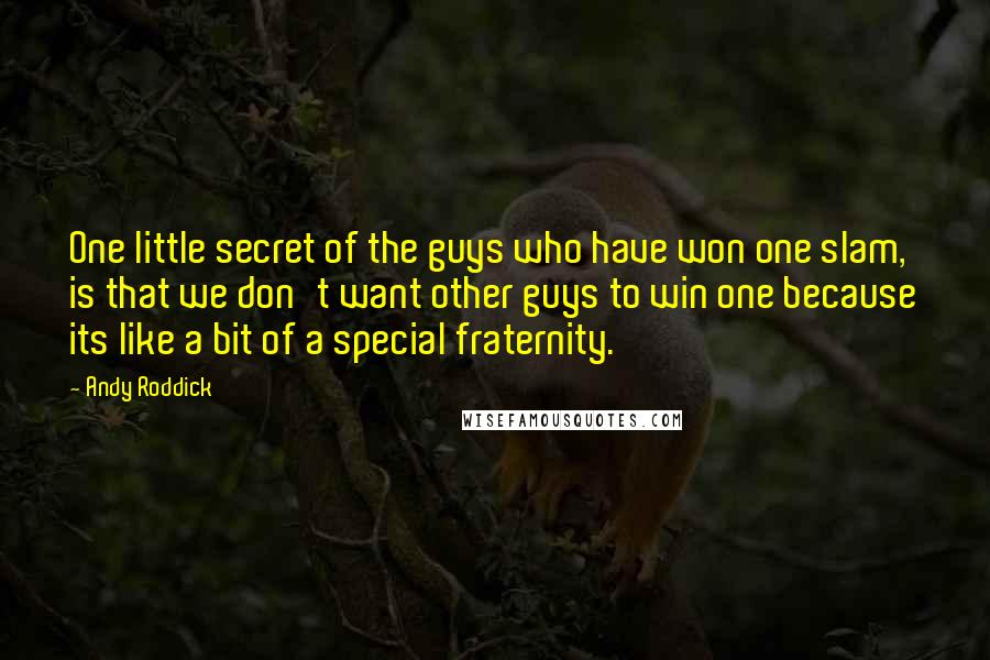 Andy Roddick quotes: One little secret of the guys who have won one slam, is that we don't want other guys to win one because its like a bit of a special fraternity.