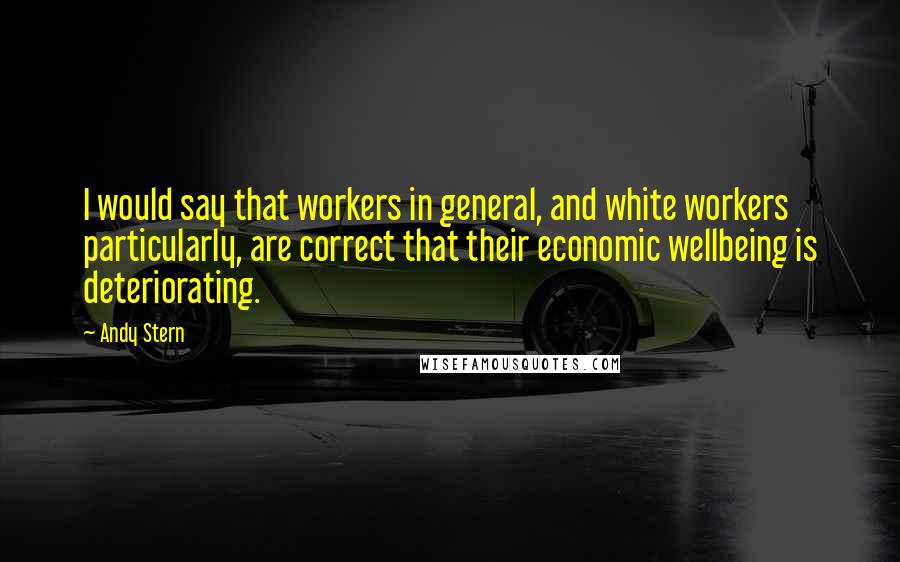 Andy Stern quotes: I would say that workers in general, and white workers particularly, are correct that their economic wellbeing is deteriorating.