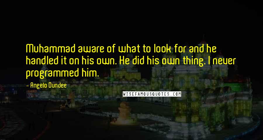 Angelo Dundee quotes: Muhammad aware of what to look for and he handled it on his own. He did his own thing. I never programmed him. Angelo Dundee quotes: Muhammad aware of what to look for and he handled it on his own. He did his own thing. I never programmed him.