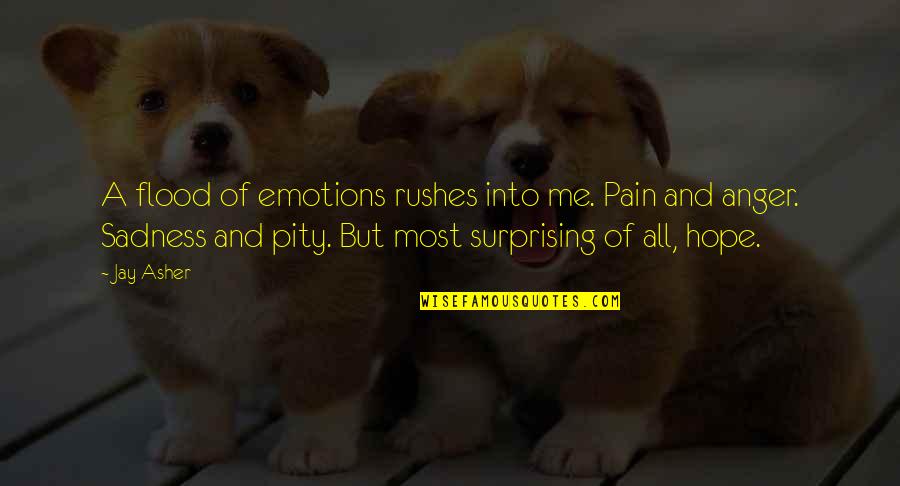 Anger And Sadness Quotes By Jay Asher: A flood of emotions rushes into me. Pain