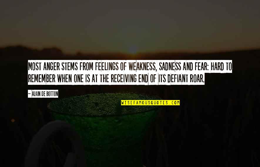 Anger Sadness Quotes By Alain De Botton: Most anger stems from feelings of weakness, sadness Anger Sadness Quotes By Alain De Botton: Most anger stems from feelings of weakness, sadness