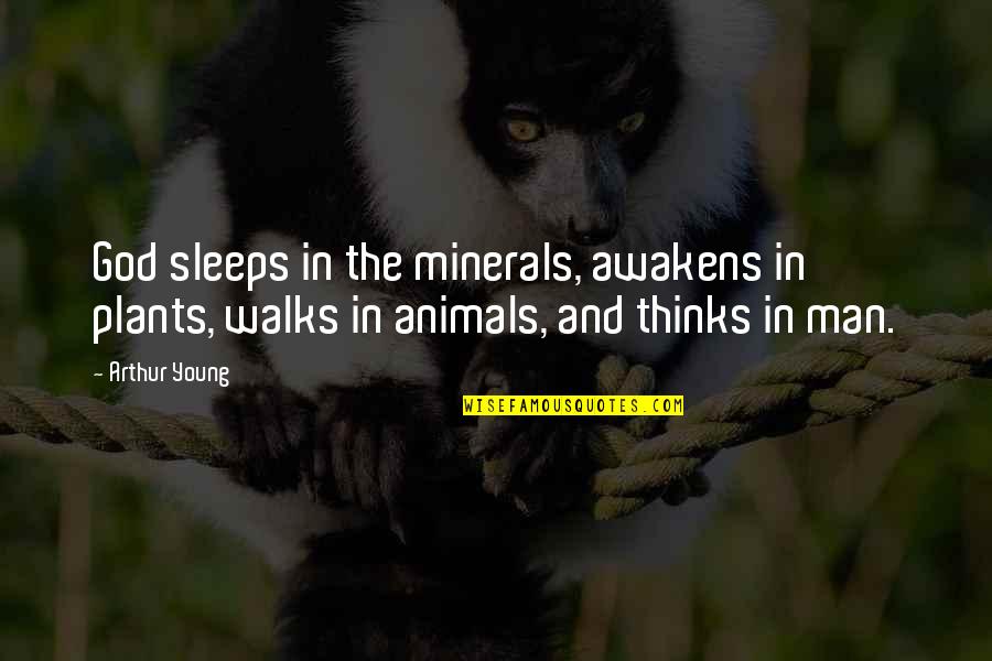 Animals And God Quotes By Arthur Young: God sleeps in the minerals, awakens in plants,