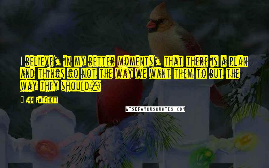 Ann Patchett quotes: I believe, in my better moments, that there is a plan and things go not the way we want them to but the way they should.