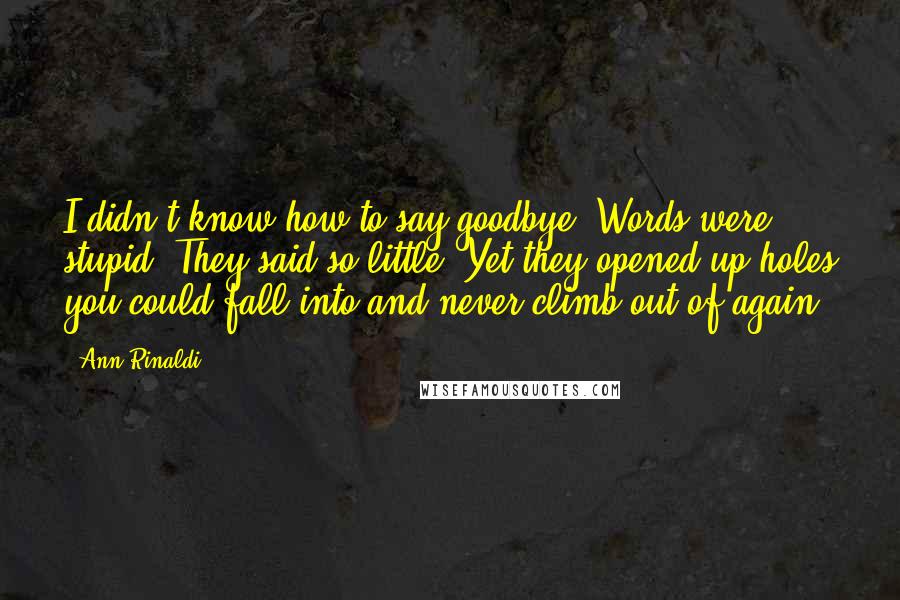 Ann Rinaldi quotes: I didn't know how to say goodbye. Words were stupid. They said so little. Yet they opened up holes you could fall into and never climb out of again.