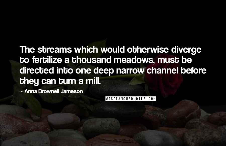 Anna Brownell Jameson quotes: The streams which would otherwise diverge to fertilize a thousand meadows, must be directed into one deep narrow channel before they can turn a mill.