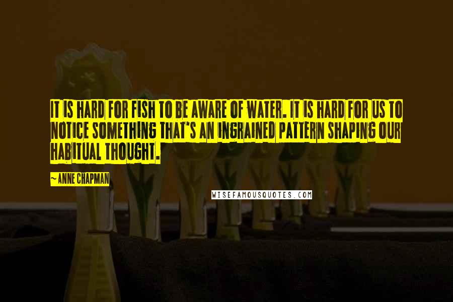 Anne Chapman quotes: It is hard for fish to be aware of water. It is hard for us to notice something that's an ingrained pattern shaping our habitual thought.