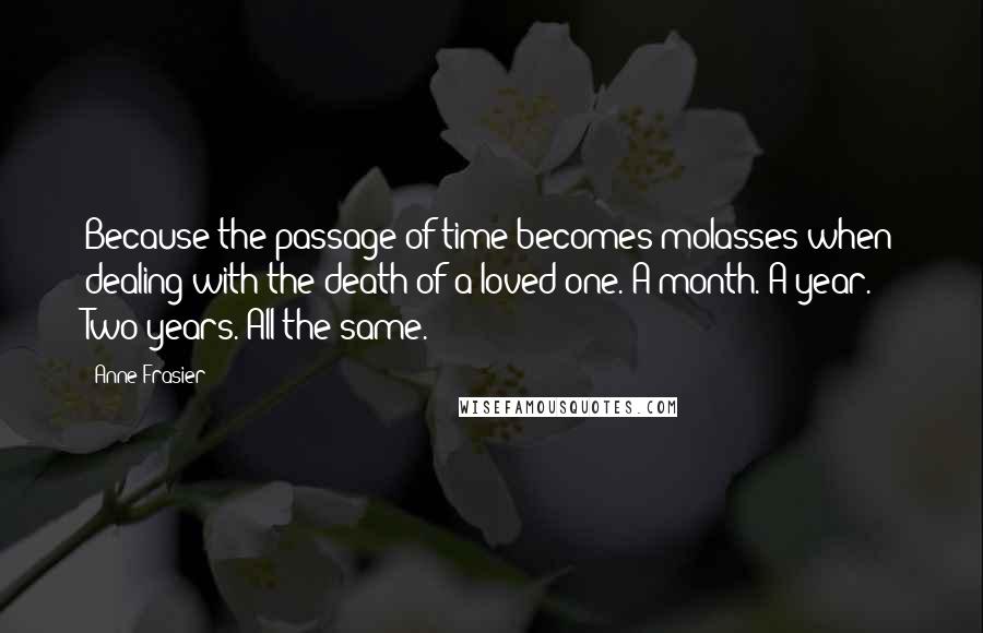 Anne Frasier quotes: Because the passage of time becomes molasses when dealing with the death of a loved one. A month. A year. Two years. All the same. Anne Frasier quotes: Because the passage of time becomes molasses when dealing with the death of a loved one. A month. A year. Two years. All the same.
