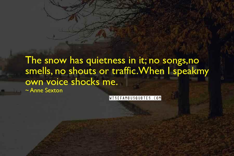 Anne Sexton quotes: The snow has quietness in it; no songs,no smells, no shouts or traffic.When I speakmy own voice shocks me.