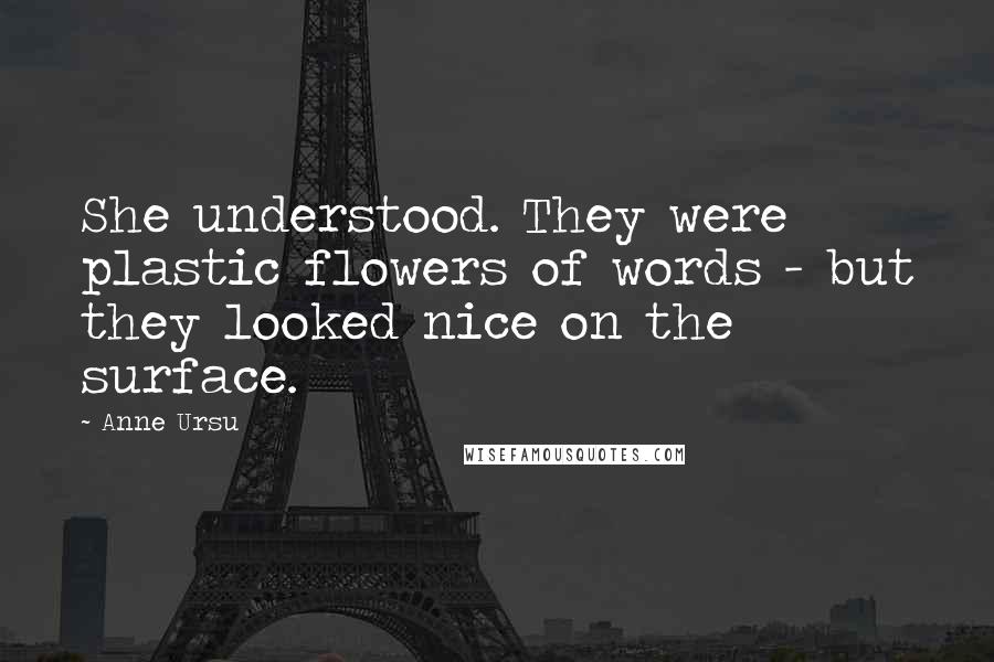 Anne Ursu quotes: She understood. They were plastic flowers of words - but they looked nice on the surface.