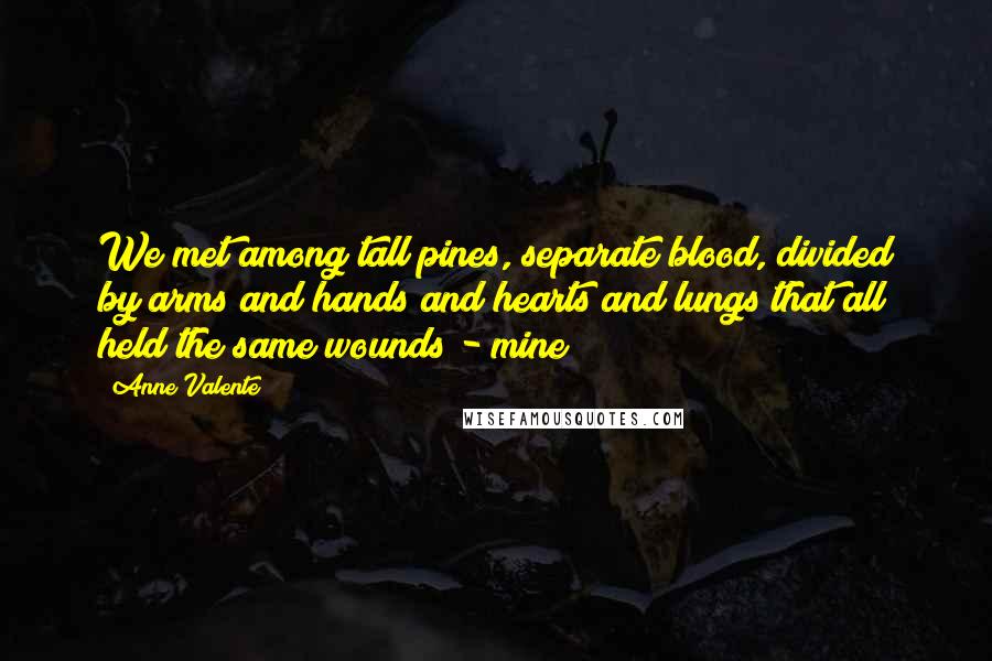 Anne Valente quotes: We met among tall pines, separate blood, divided by arms and hands and hearts and lungs that all held the same wounds - mine Anne Valente quotes: We met among tall pines, separate blood, divided by arms and hands and hearts and lungs that all held the same wounds - mine