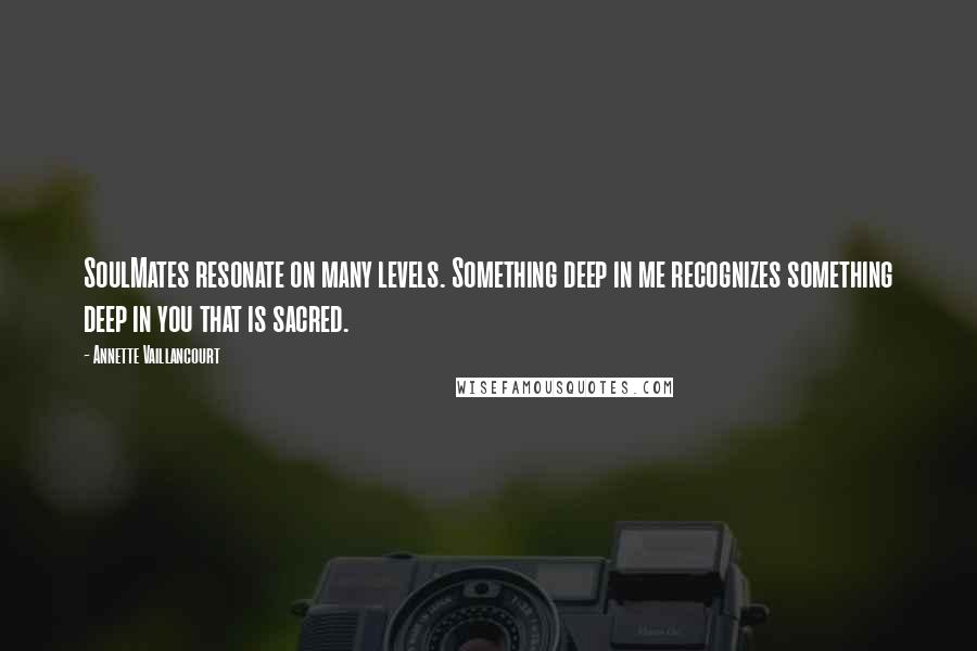 Annette Vaillancourt quotes: SoulMates resonate on many levels. Something deep in me recognizes something deep in you that is sacred.