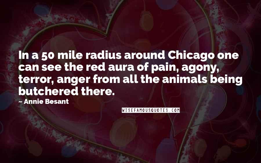 Annie Besant quotes: In a 50 mile radius around Chicago one can see the red aura of pain, agony, terror, anger from all the animals being butchered there. Annie Besant quotes: In a 50 mile radius around Chicago one can see the red aura of pain, agony, terror, anger from all the animals being butchered there.