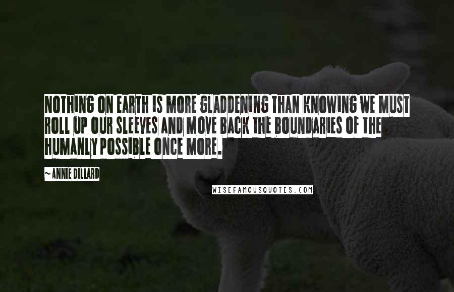Annie Dillard quotes: Nothing on earth is more gladdening than knowing we must roll up our sleeves and move back the boundaries of the humanly possible once more. Annie Dillard quotes: Nothing on earth is more gladdening than knowing we must roll up our sleeves and move back the boundaries of the humanly possible once more.